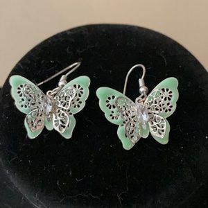 Sweet Green & Silver Butterfly Earrings